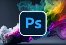 Illustration of a computer screen displaying Adobe Photoshop interface with various graphics