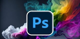 Illustration of a computer screen displaying Adobe Photoshop interface with various graphics