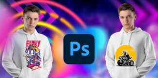 Illustration of a person using Adobe Photoshop to create T-Shirt designs