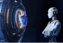 Illustration of a person interacting with an AI chatbot.