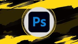 Photoshop logo with a background of multiple tools and design elements