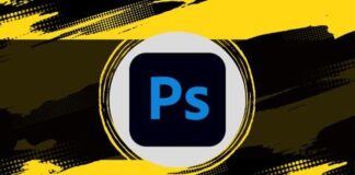 Photoshop logo with a background of multiple tools and design elements