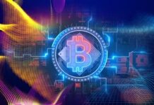 Illustration of a digital blockchain and cryptocurrency logo