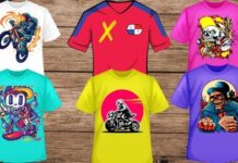 Illustration of a person wearing a T-shirt with colorful designs