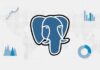PostgreSQL logo with SQL code in background
