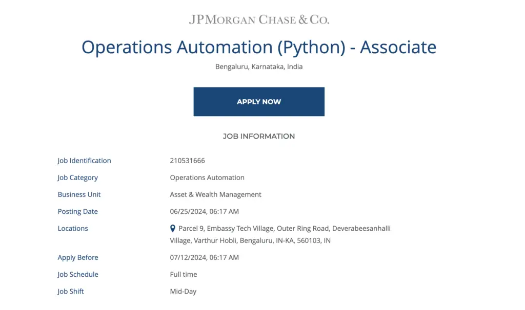 JP Morgan Jobs 2024 | Operations Automation (Python) - Associate