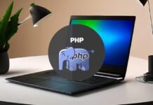 A beginner learning PHP programming with a laptop and coffee, featuring the title Master PHP: A Beginner's Guide for 2024.