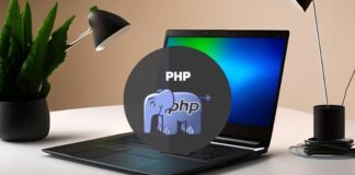 A beginner learning PHP programming with a laptop and coffee, featuring the title Master PHP: A Beginner's Guide for 2024.