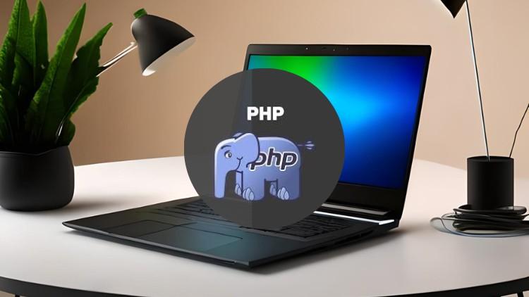 A beginner learning PHP programming with a laptop and coffee, featuring the title Master PHP: A Beginner's Guide for 2024.