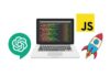 A creative illustration depicting JavaScript coding mastery with ChatGPT assistance and a free coupon offer.