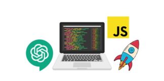 A creative illustration depicting JavaScript coding mastery with ChatGPT assistance and a free coupon offer.