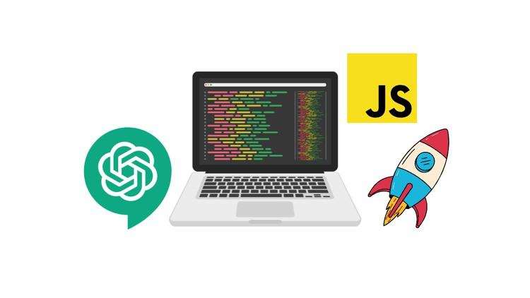 A creative illustration depicting JavaScript coding mastery with ChatGPT assistance and a free coupon offer.