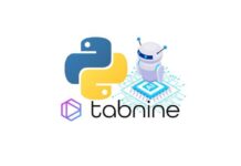 An illustration of a developer coding in Python with AI assistance through Tabnine, featuring a Udemy coupon.