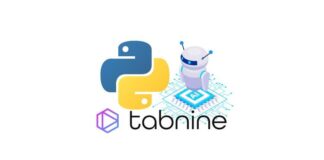 An illustration of a developer coding in Python with AI assistance through Tabnine, featuring a Udemy coupon.