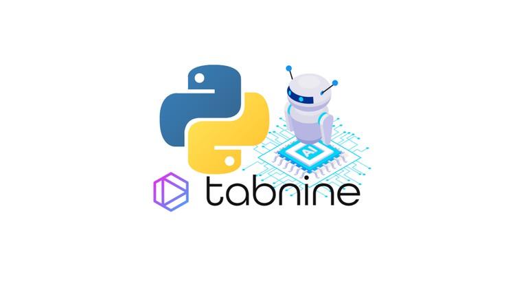 An illustration of a developer coding in Python with AI assistance through Tabnine, featuring a Udemy coupon.