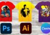 Creative t-shirt designs showcasing styles made with Photoshop, Illustrator, and Canva, featuring vibrant graphics.