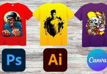 Creative t-shirt designs showcasing styles made with Photoshop, Illustrator, and Canva, featuring vibrant graphics.