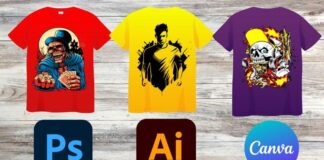 Creative t-shirt designs showcasing styles made with Photoshop, Illustrator, and Canva, featuring vibrant graphics.