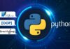 A visually engaging graphic featuring a Python snake intertwined with coding symbols, highlighting a Udemy course for mastering Python programming with free coupons.