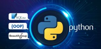 A visually engaging graphic featuring a Python snake intertwined with coding symbols, highlighting a Udemy course for mastering Python programming with free coupons.