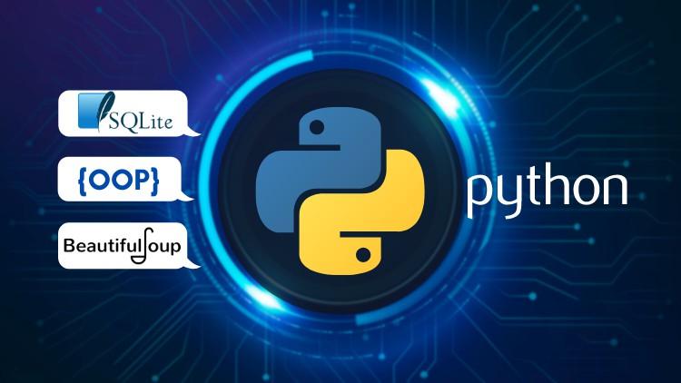 A visually engaging graphic featuring a Python snake intertwined with coding symbols, highlighting a Udemy course for mastering Python programming with free coupons.