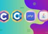 A collage of programming languages including C, C++, PHP, and Java with a laptop and code snippets in the background.