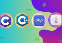 A collage of programming languages including C, C++, PHP, and Java with a laptop and code snippets in the background.