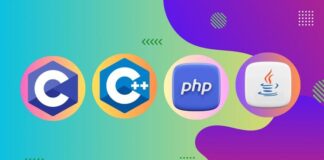 A collage of programming languages including C, C++, PHP, and Java with a laptop and code snippets in the background.