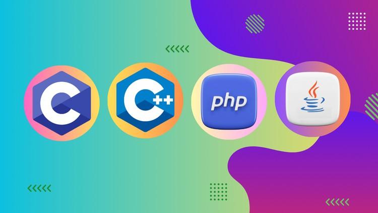 A collage of programming languages including C, C++, PHP, and Java with a laptop and code snippets in the background.