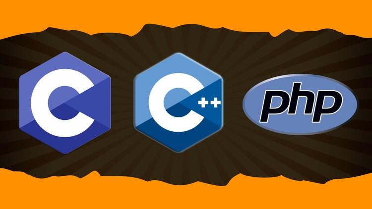 A computer screen displaying code snippets in C, C++, and PHP with an educational theme.