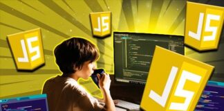 A visually engaging image showcasing JavaScript concepts and the latest features of ES6, ES7, and ES8, with a prominent free Udemy coupon offer.