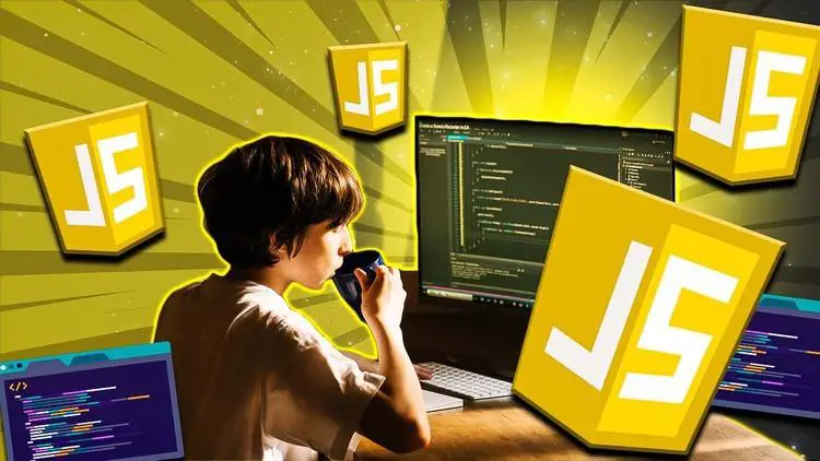 A visually engaging image showcasing JavaScript concepts and the latest features of ES6, ES7, and ES8, with a prominent free Udemy coupon offer.