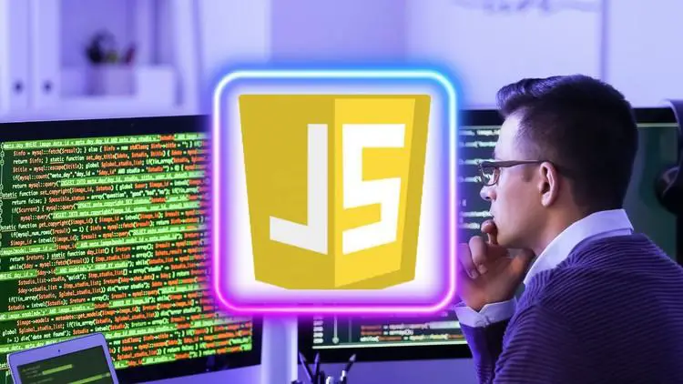 A person coding on a laptop with JavaScript code on the screen, symbolizing full stack development.