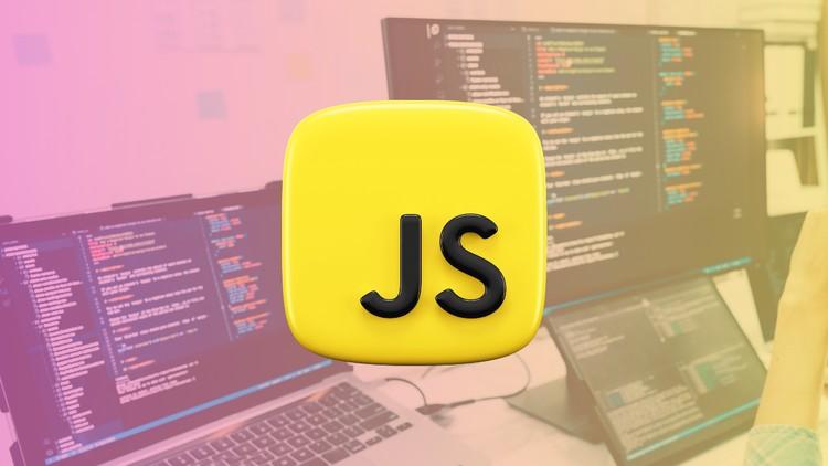 Master JavaScript course banner featuring coding elements and free coupon offer