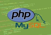 A developer coding in PHP and MySQL on a laptop, showcasing dynamic website creation.