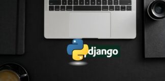 A visually appealing graphic featuring Python and Django logos with a banner indicating a free Udemy coupon for beginners.