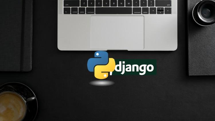 A visually appealing graphic featuring Python and Django logos with a banner indicating a free Udemy coupon for beginners.