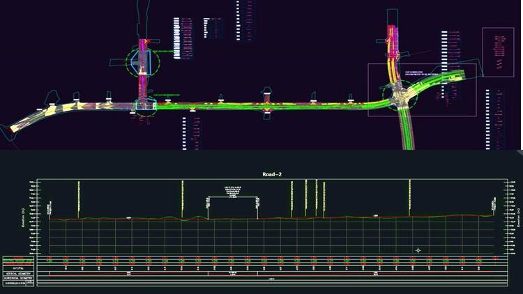 A detailed illustration of a 6km road and junction design created using AutoCAD Civil 3D.