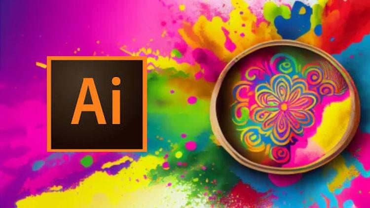 A visually engaging graphic showcasing Adobe Illustrator tools and features for a complete beginner to advanced course