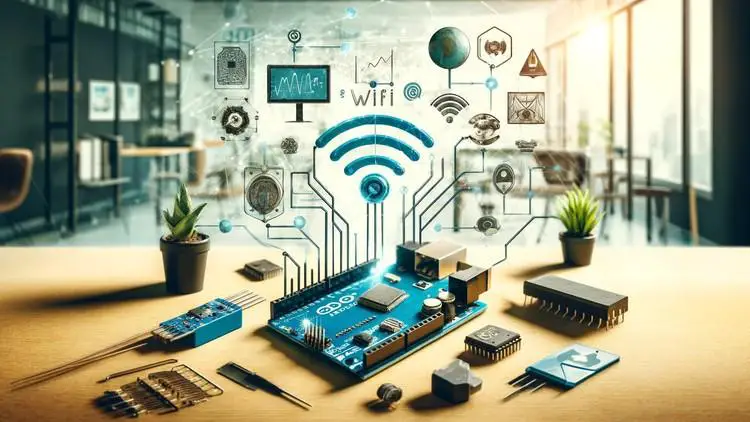 An Arduino board connected to a WiFi module, showcasing web connectivity applications.