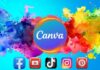 A vibrant graphic showcasing Canva features for social media design, including templates and tools.