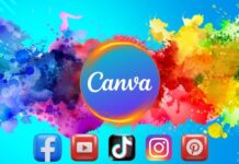 A vibrant graphic showcasing Canva features for social media design, including templates and tools.