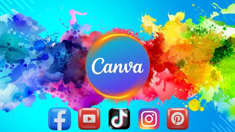 A vibrant graphic showcasing Canva features for social media design, including templates and tools.