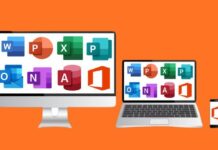 A collage of Microsoft Office tools including Word, Excel, PowerPoint, Access, Outlook, OneNote, and Publisher with a label for free Udemy course.