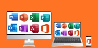 A collage of Microsoft Office tools including Word, Excel, PowerPoint, Access, Outlook, OneNote, and Publisher with a label for free Udemy course.