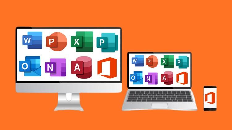 A collage of Microsoft Office tools including Word, Excel, PowerPoint, Access, Outlook, OneNote, and Publisher with a label for free Udemy course.