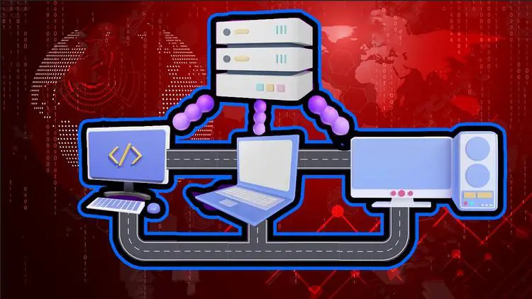 An illustration of Java code and network symbols representing TCP/IP concepts for a free course.