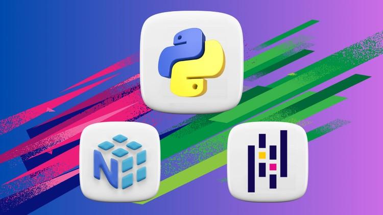 Illustration of data analysis tools including NumPy and Pandas with a free Udemy coupon promotion