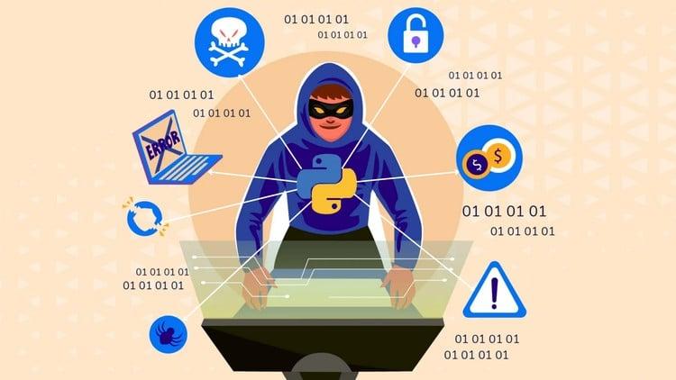 An abstract image illustrating Python coding for cybersecurity, featuring hacking symbols and a computer screen.