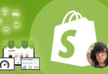 A beginner-friendly guide to Shopify with a laptop displaying the Shopify interface and a coupon graphic.